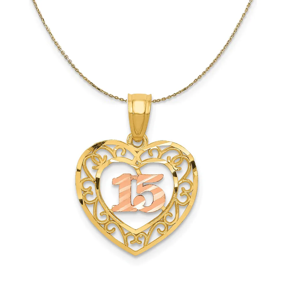 14k Two Tone Gold Diamond Cut 15 Heart Necklace