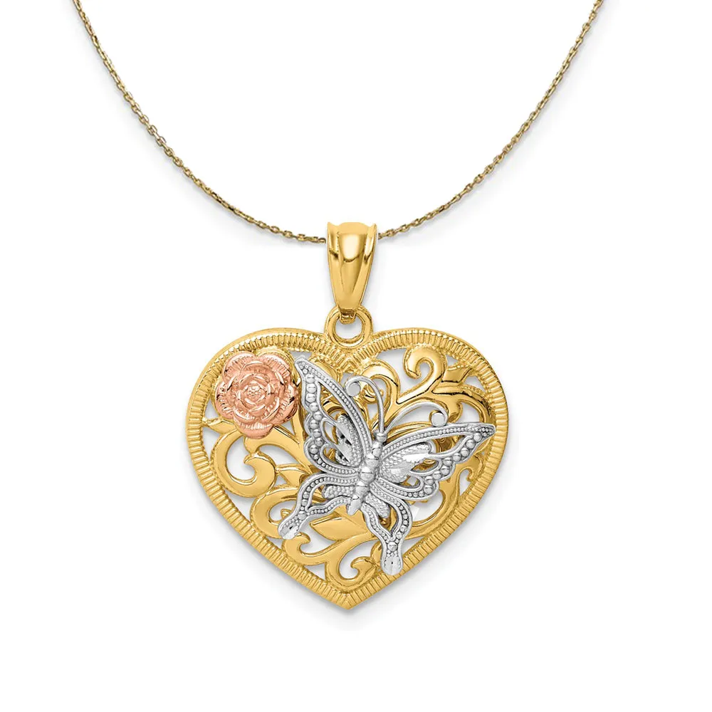 14k Yellow & Rose Gold Rhodium 19mm Heart Butterfly Necklace