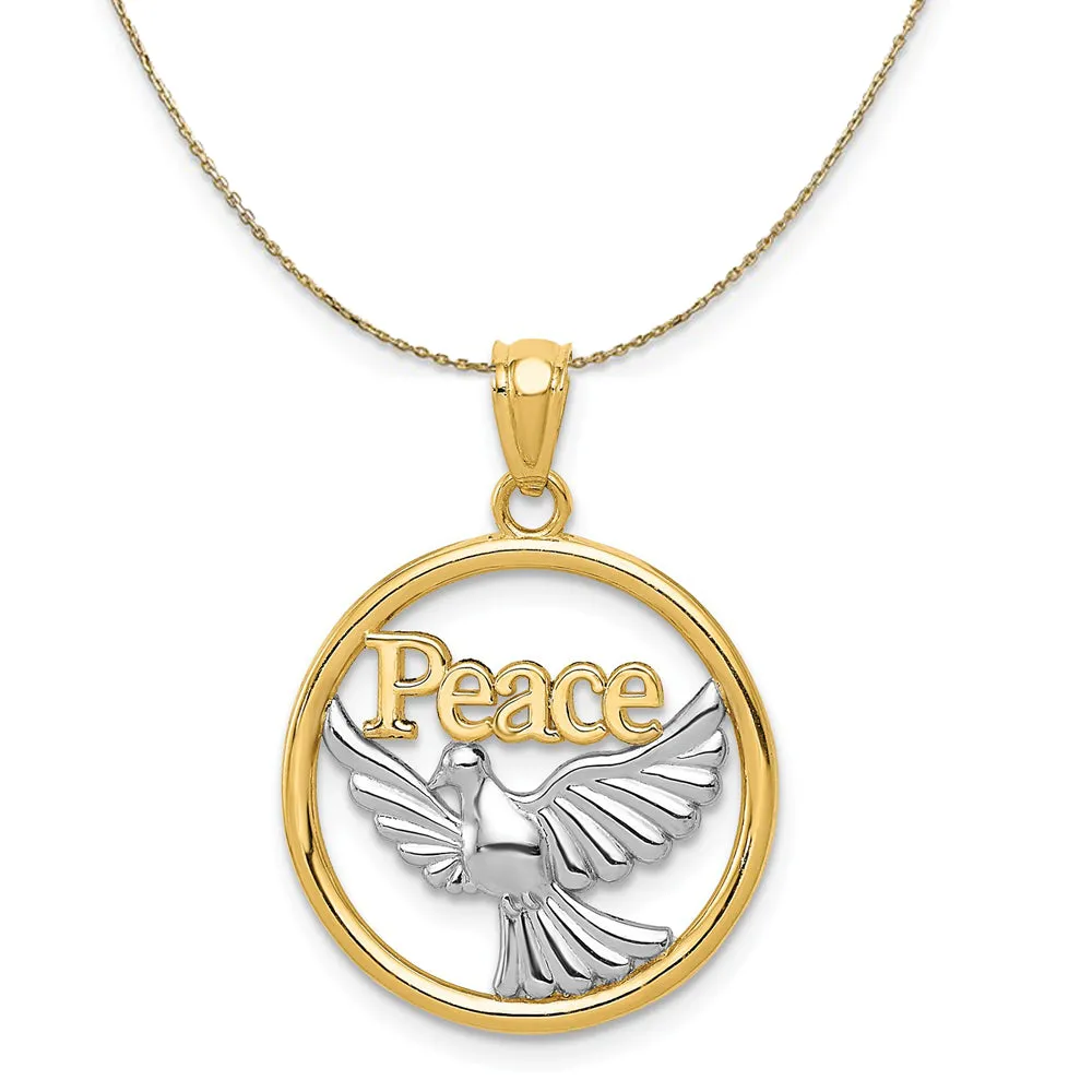 14k Yellow Gold & Rhodium 18mm Round Peace Dove Necklace