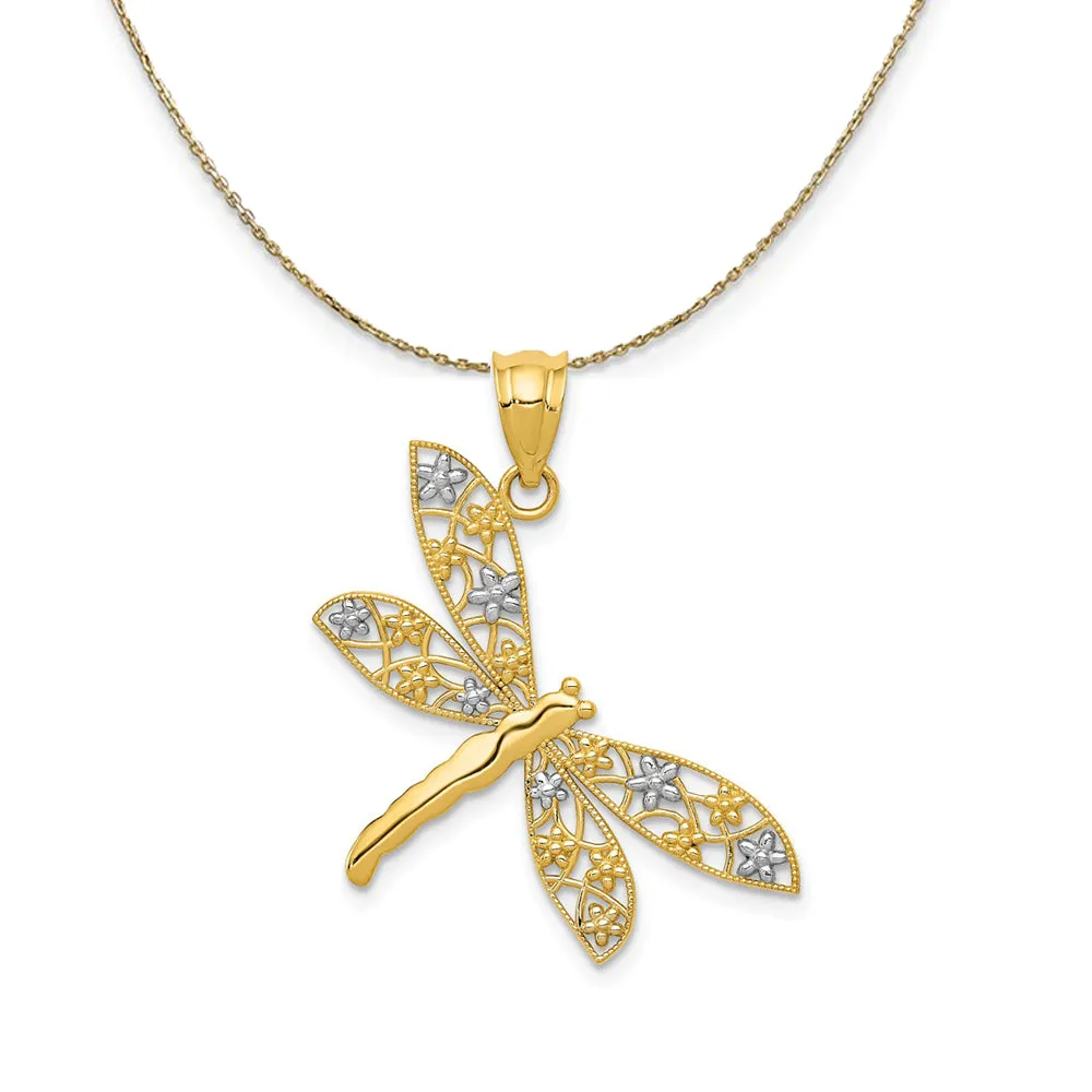 14k Yellow Gold & Rhodium Floral Winged Dragonfly Necklace