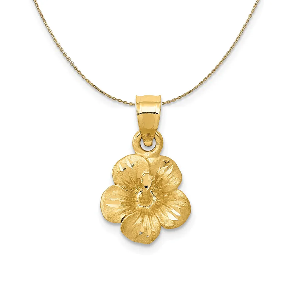 14k Yellow Gold 3D Satin & Diamond Cut Hibiscus Necklace