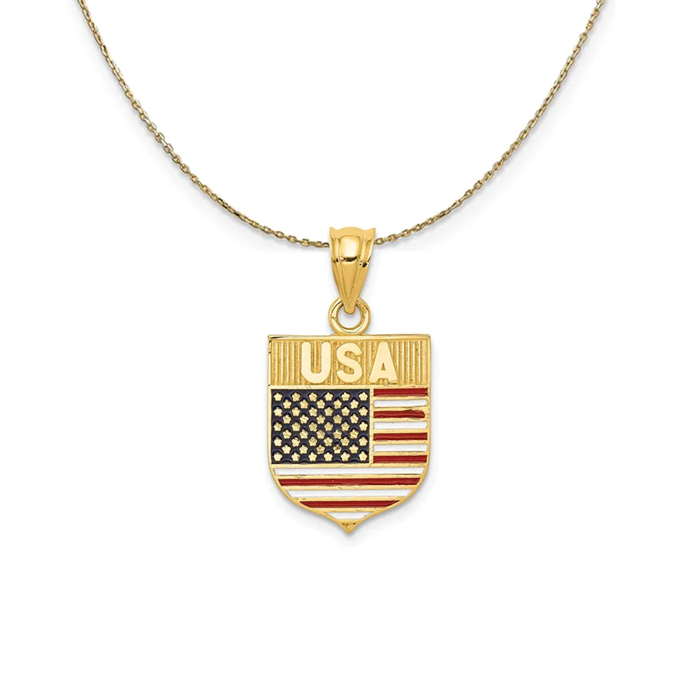 14k Yellow Gold and Enamel USA Flag Shield (24mm) Necklace