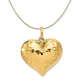 14k Yellow Gold Hollow Hammered Puffed Heart Necklace