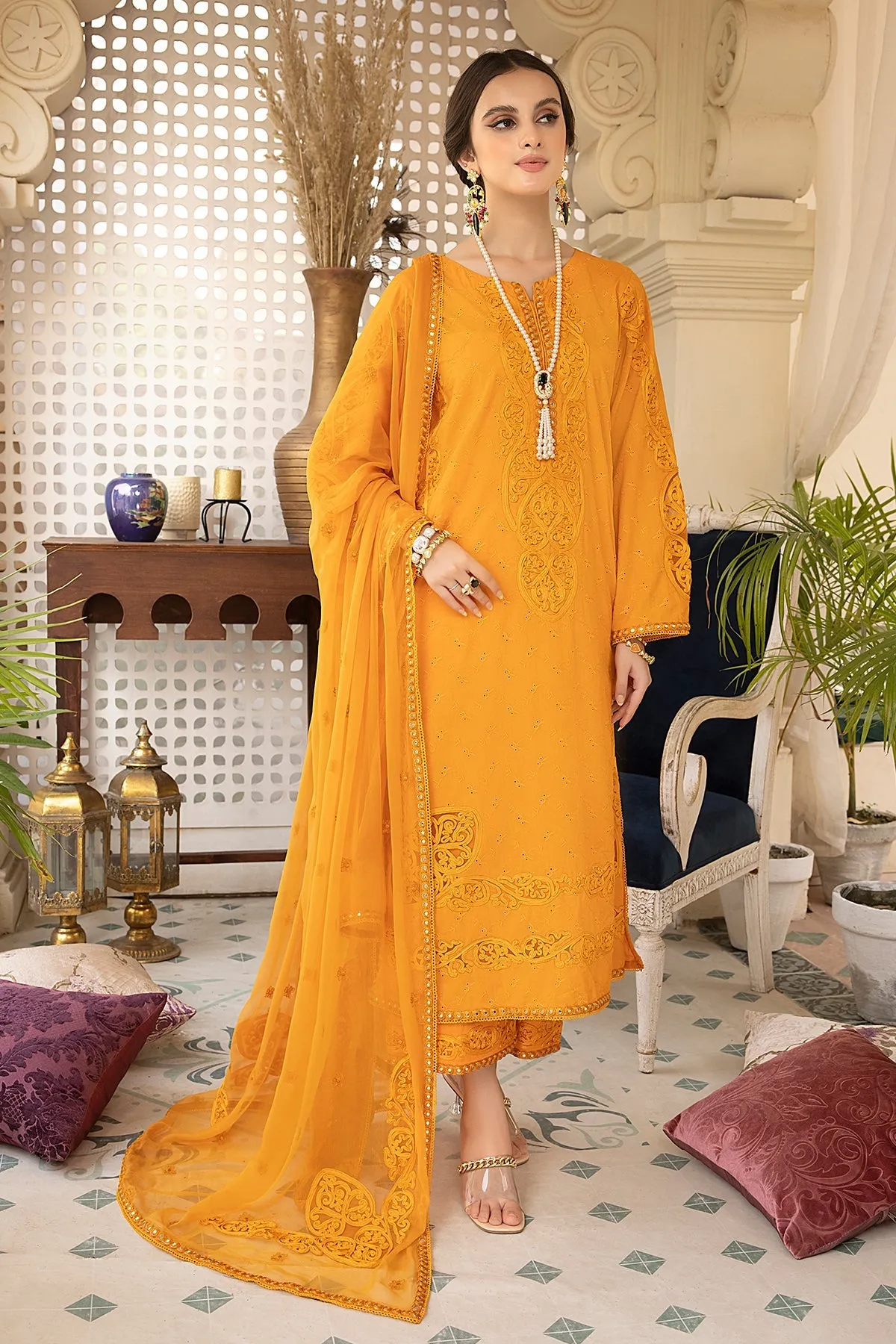 3-Pc Lawn Embroidered Shirt With Straight Trouser and Chiffon Dupatta EDP23-29