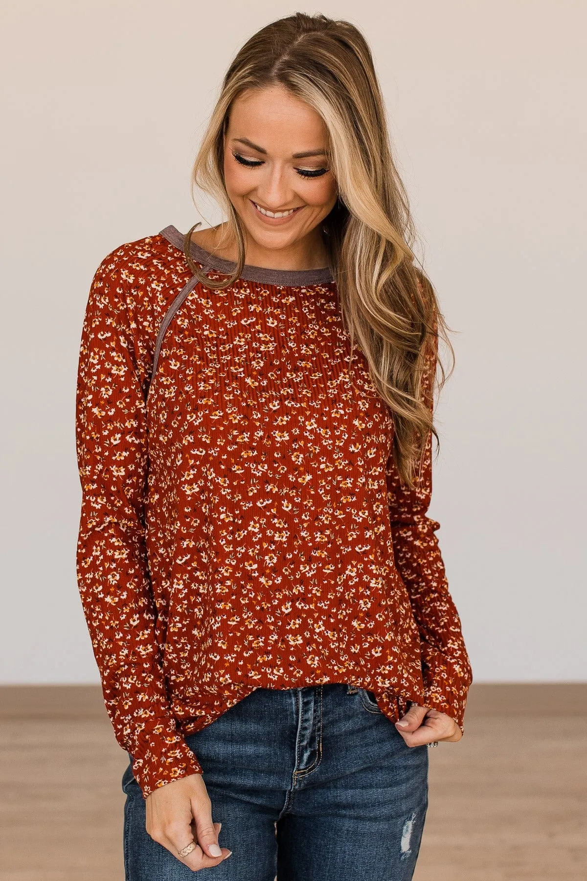 All For Me Floral Raglan Top- Rust