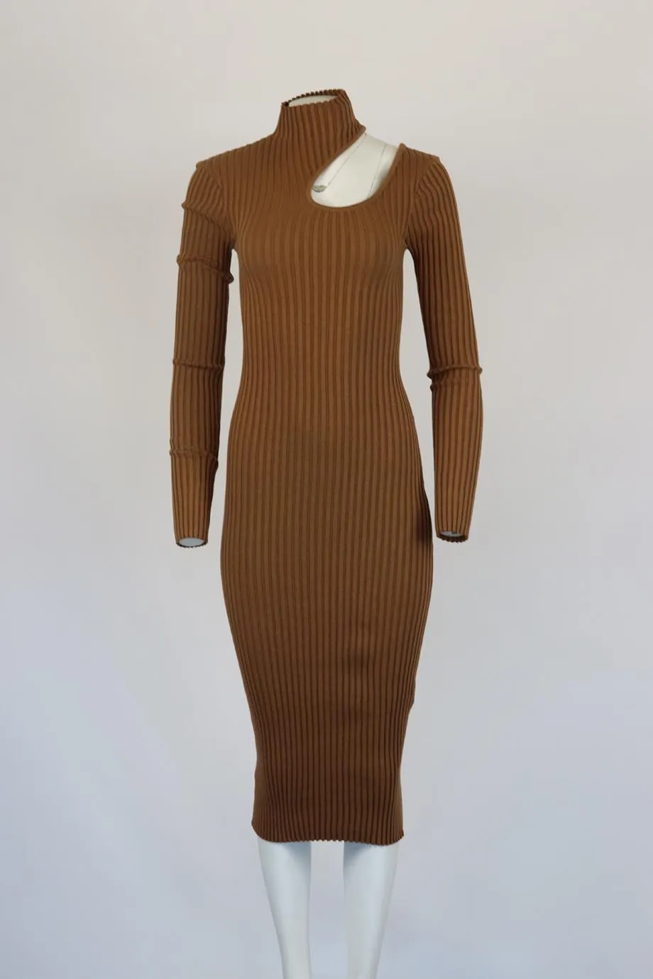 ANINE BING CUTOUT RIBBED COTTON TURTLENECK MIDI DRESS XSMALL