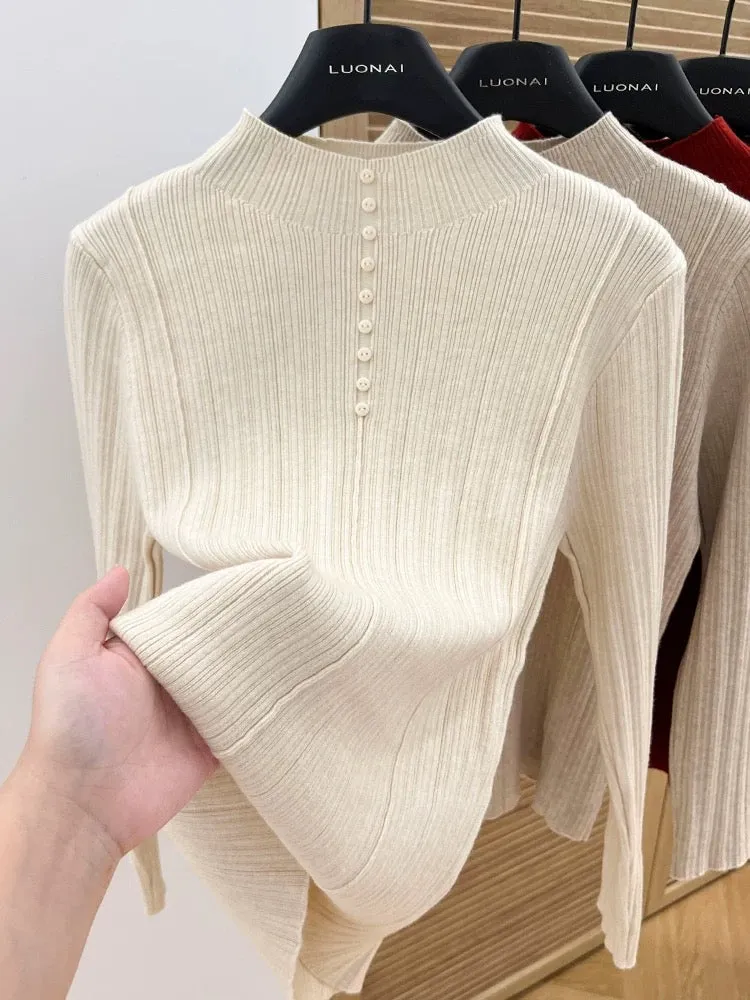 Apricot half turtleneck bottoming shirt for women, 2024 new spring and autumn slim-fitting short sweater for women, long-sleeved