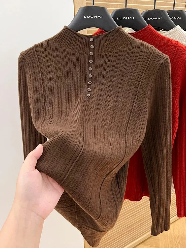 Apricot half turtleneck bottoming shirt for women, 2024 new spring and autumn slim-fitting short sweater for women, long-sleeved