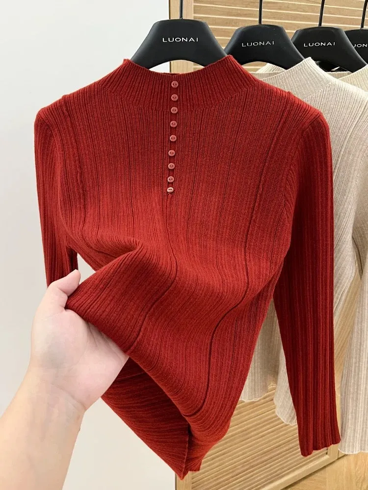 Apricot half turtleneck bottoming shirt for women, 2024 new spring and autumn slim-fitting short sweater for women, long-sleeved