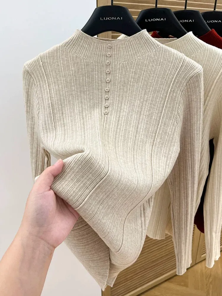 Apricot half turtleneck bottoming shirt for women, 2024 new spring and autumn slim-fitting short sweater for women, long-sleeved