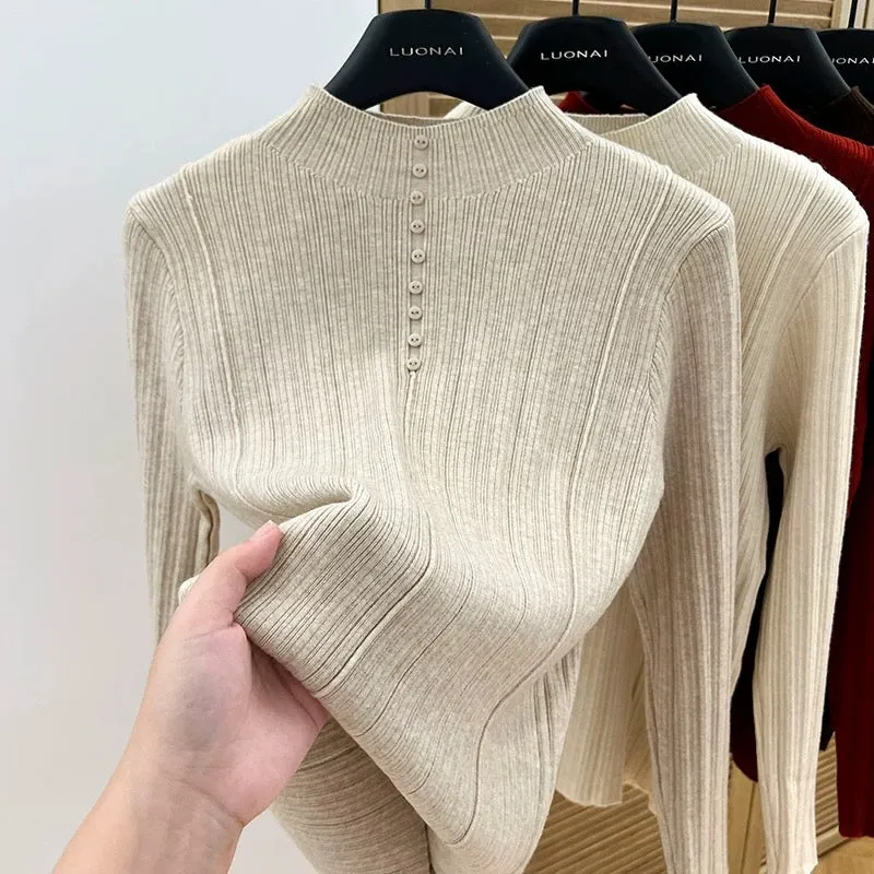 Apricot half turtleneck bottoming shirt for women, 2024 new spring and autumn slim-fitting short sweater for women, long-sleeved