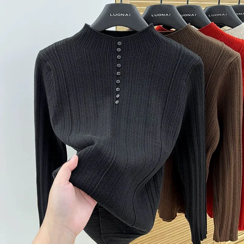 Apricot half turtleneck bottoming shirt for women, 2024 new spring and autumn slim-fitting short sweater for women, long-sleeved