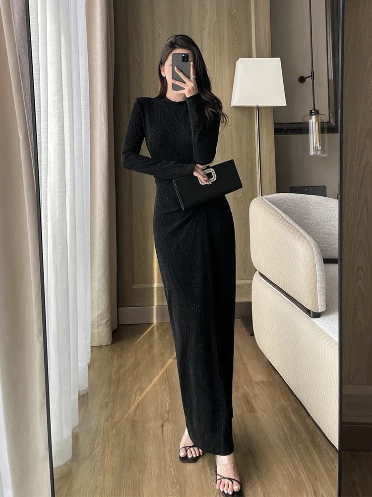 Black bright silk slit dress for women in autumn and winter new temperament sexy half turtleneck long sleeves slim slim long ski