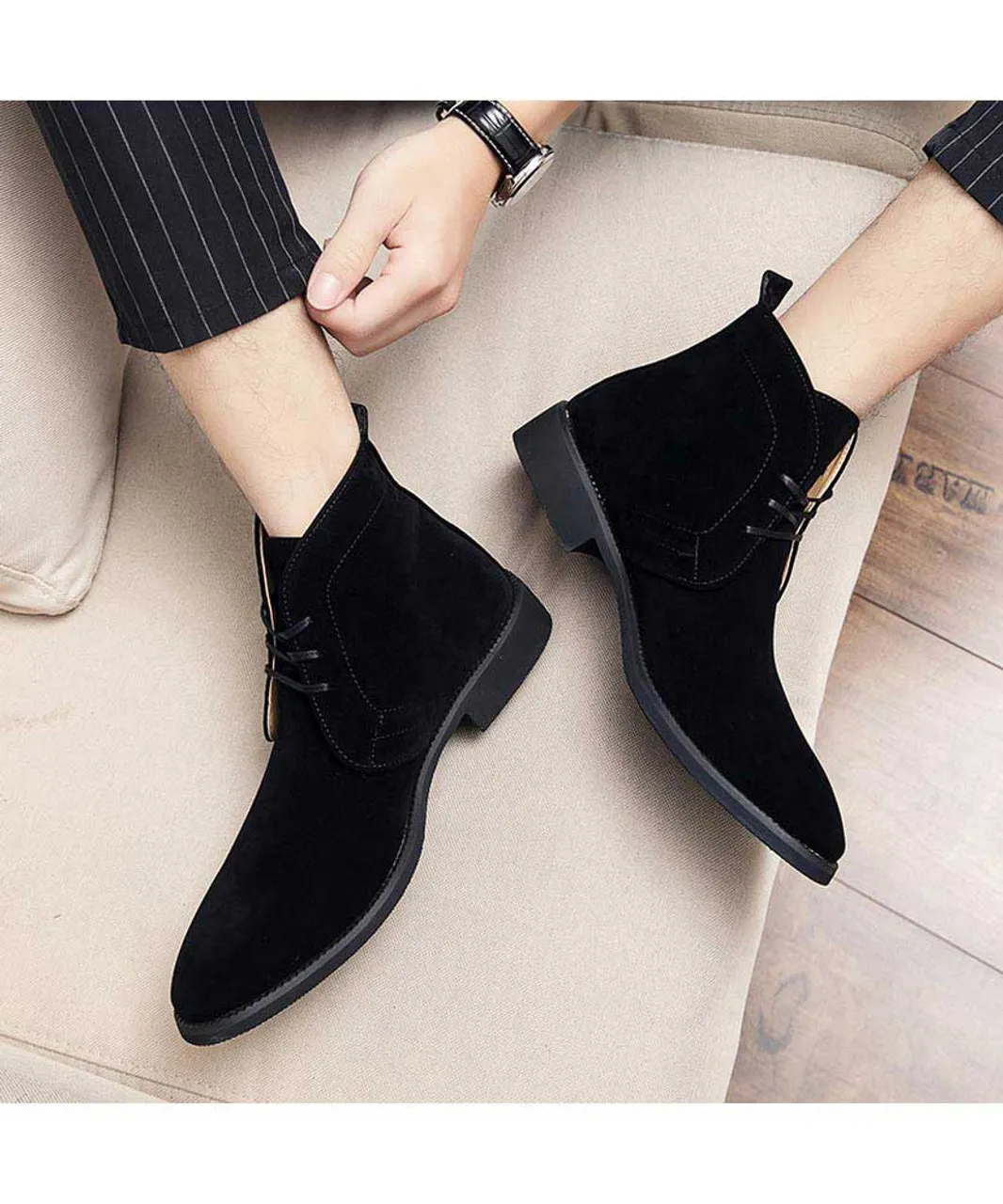 Black derby suede dress shoe boot