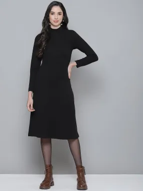 Black Rib Turtle Neck Raglan Sleeve Midi Dress