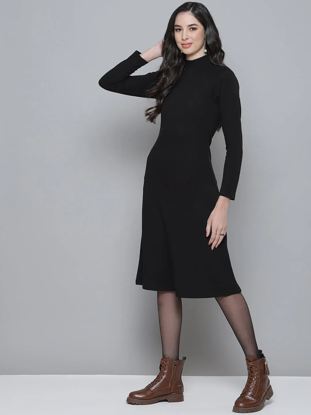 Black Rib Turtle Neck Raglan Sleeve Midi Dress