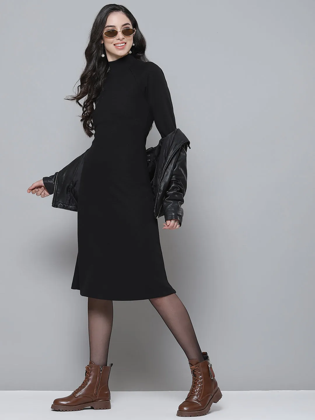 Black Rib Turtle Neck Raglan Sleeve Midi Dress