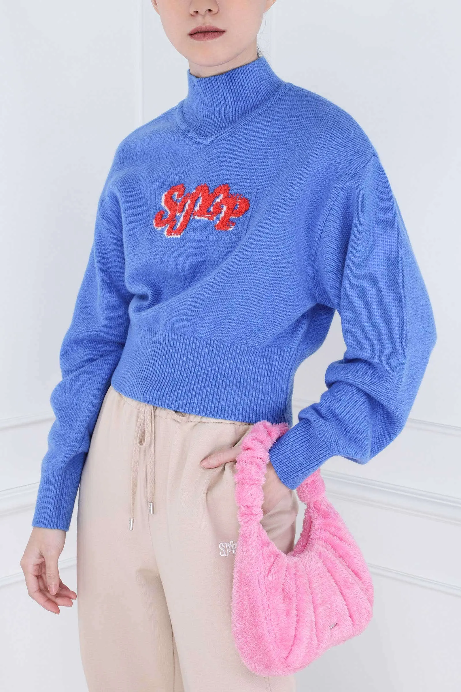 Blue Mock Neck SJYP Knit Pullover