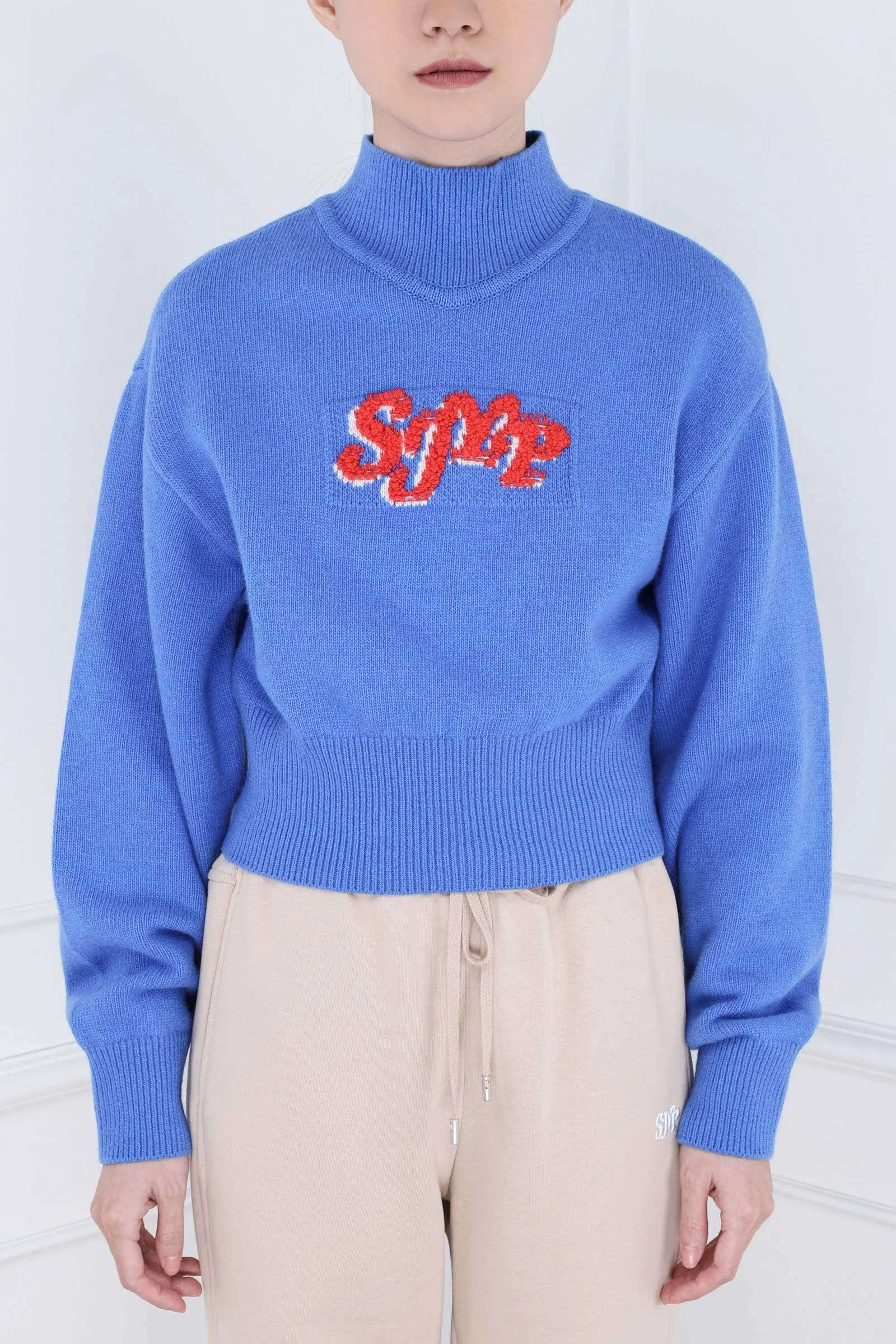 Blue Mock Neck SJYP Knit Pullover