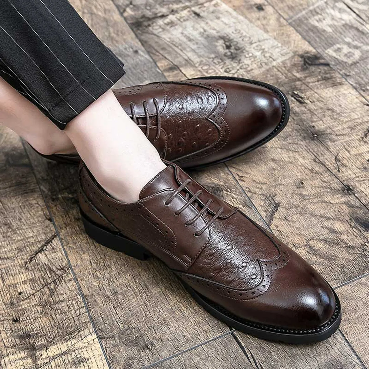 Brown croc skin pattern brogue derby dress shoe 2157