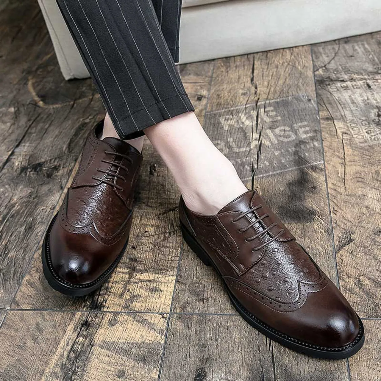 Brown croc skin pattern brogue derby dress shoe 2157