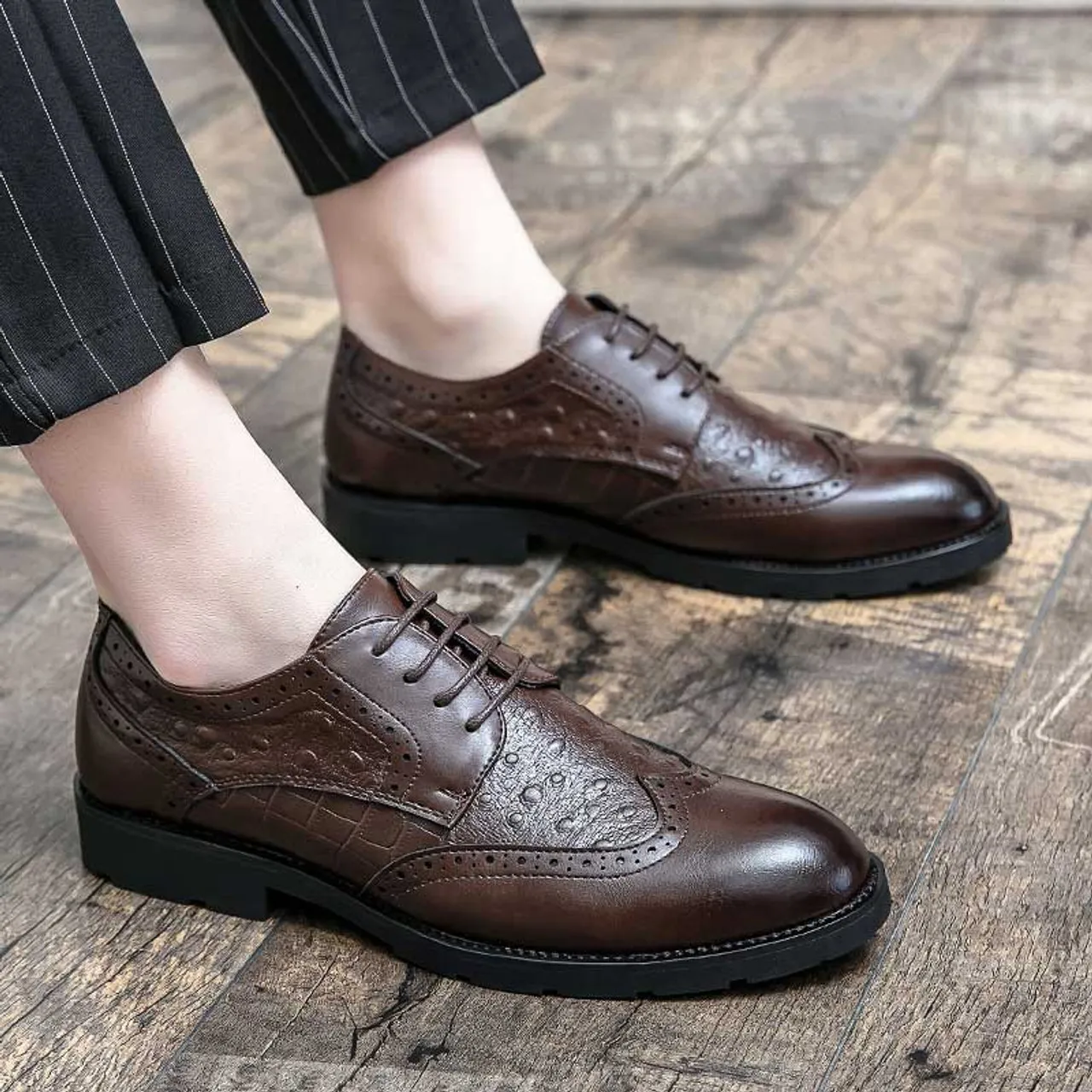 Brown croc skin pattern brogue derby dress shoe 2157