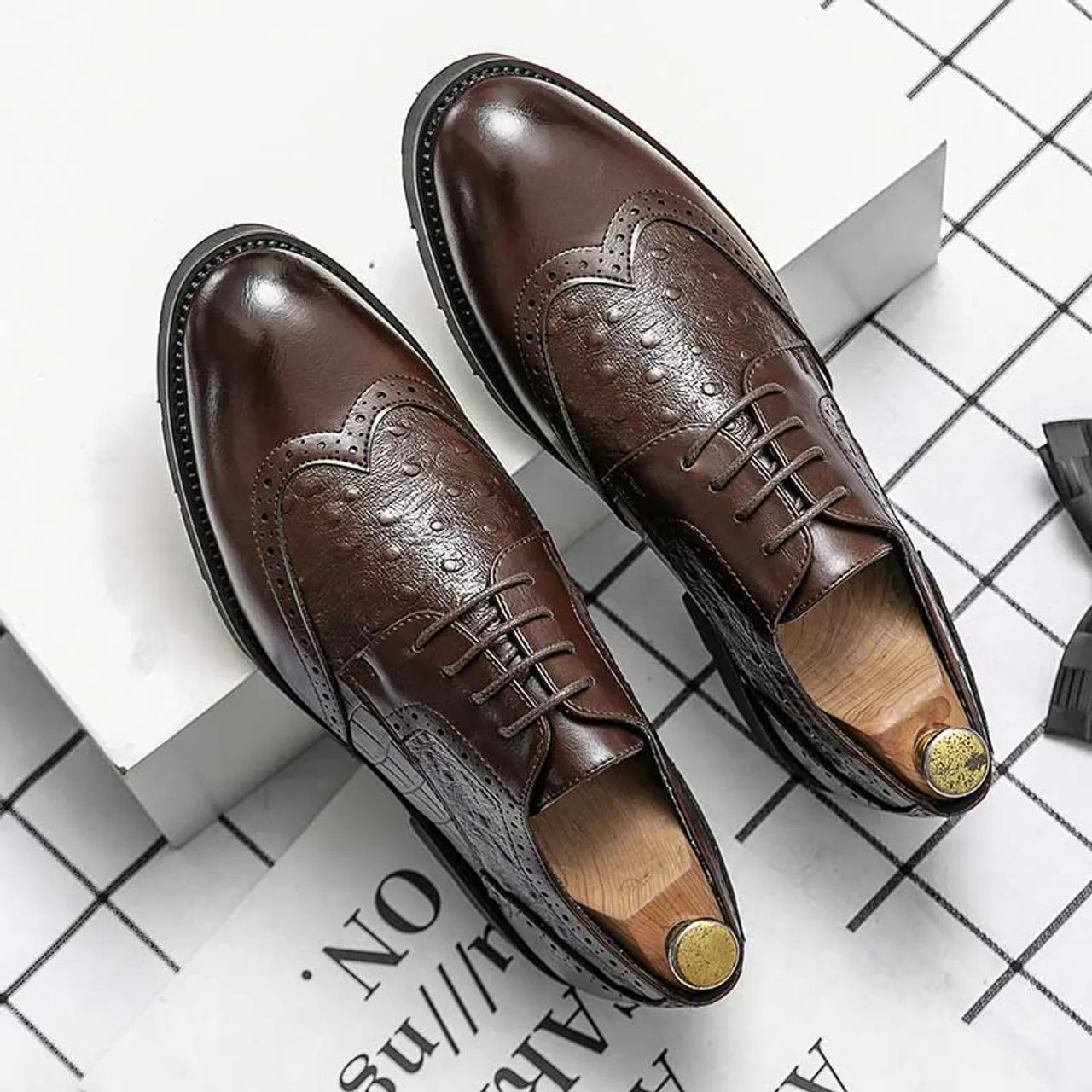 Brown croc skin pattern brogue derby dress shoe 2157