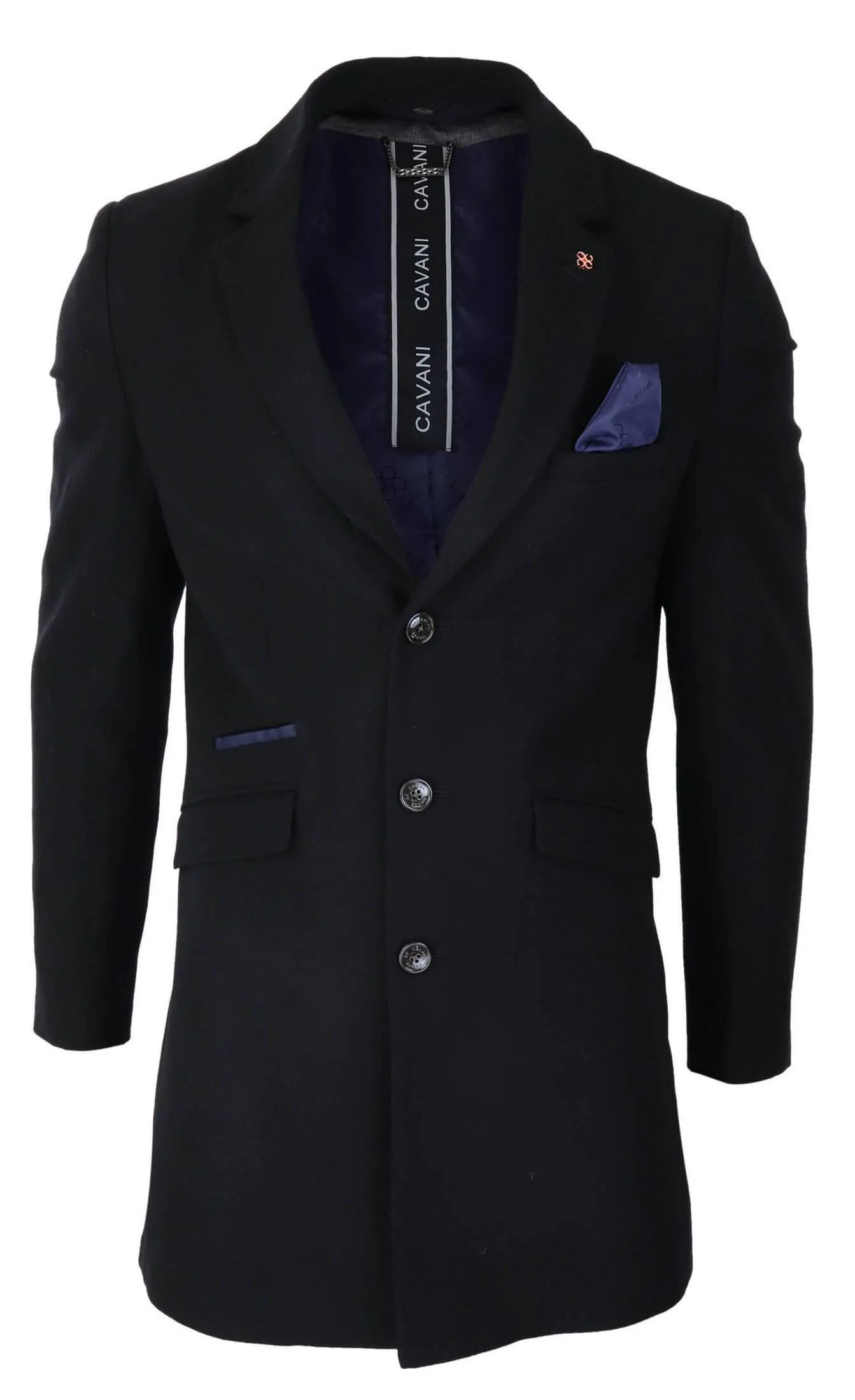 Cavani Mens Classic 3/4 Length Black Overcoat