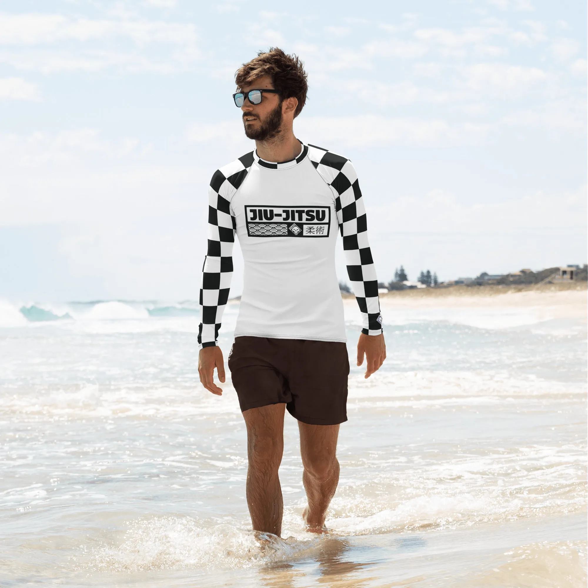 Chic Combat Wear: Checkered Men's Long Sleeve BJJ Rash Guard - Blanc Jiu-Jitsu