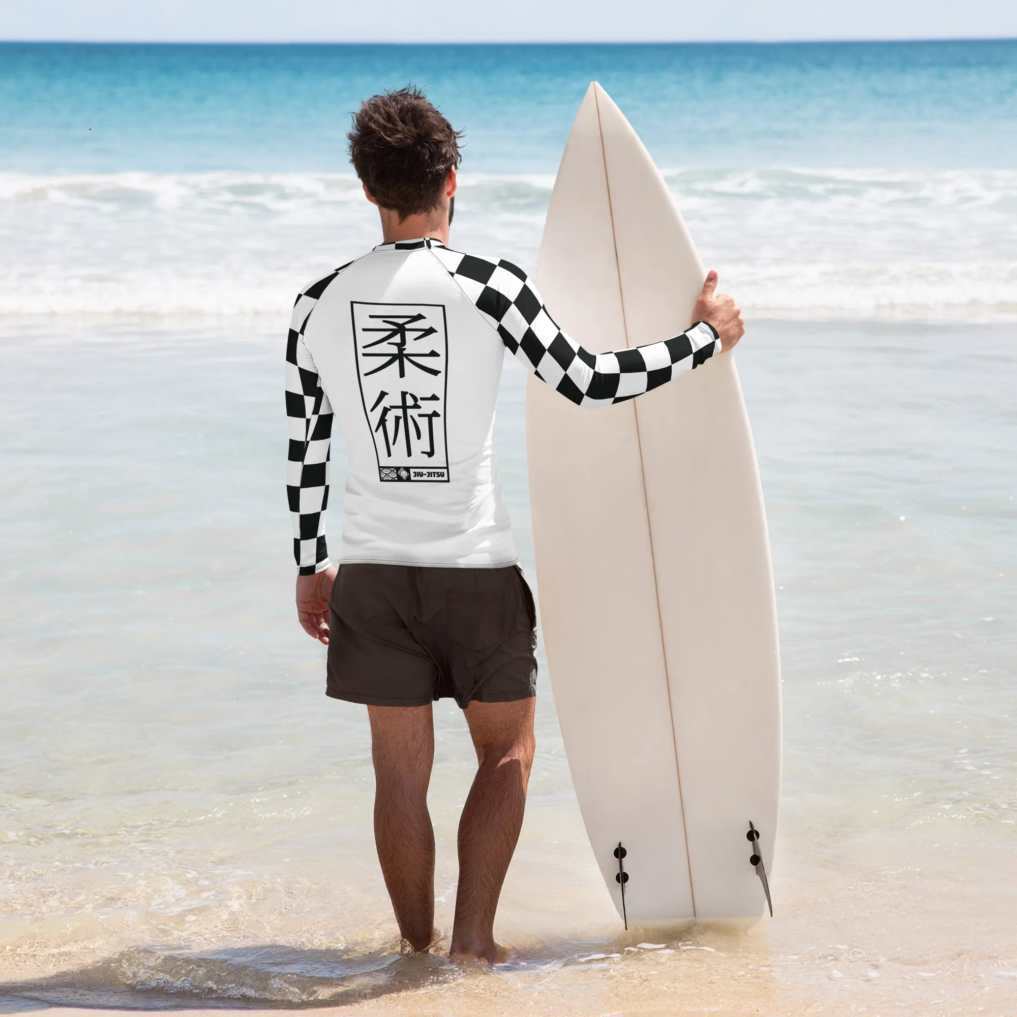 Chic Combat Wear: Checkered Men's Long Sleeve BJJ Rash Guard - Blanc Jiu-Jitsu