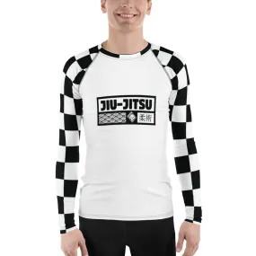 Chic Combat Wear: Checkered Men's Long Sleeve BJJ Rash Guard - Blanc Jiu-Jitsu