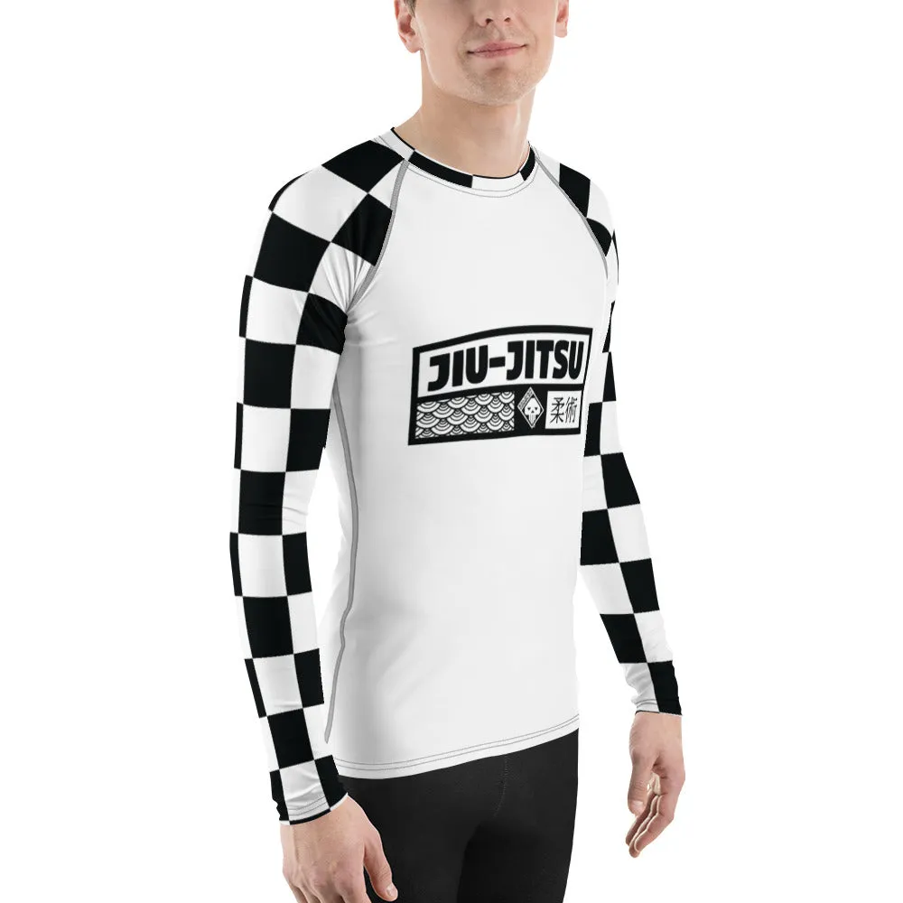 Chic Combat Wear: Checkered Men's Long Sleeve BJJ Rash Guard - Blanc Jiu-Jitsu