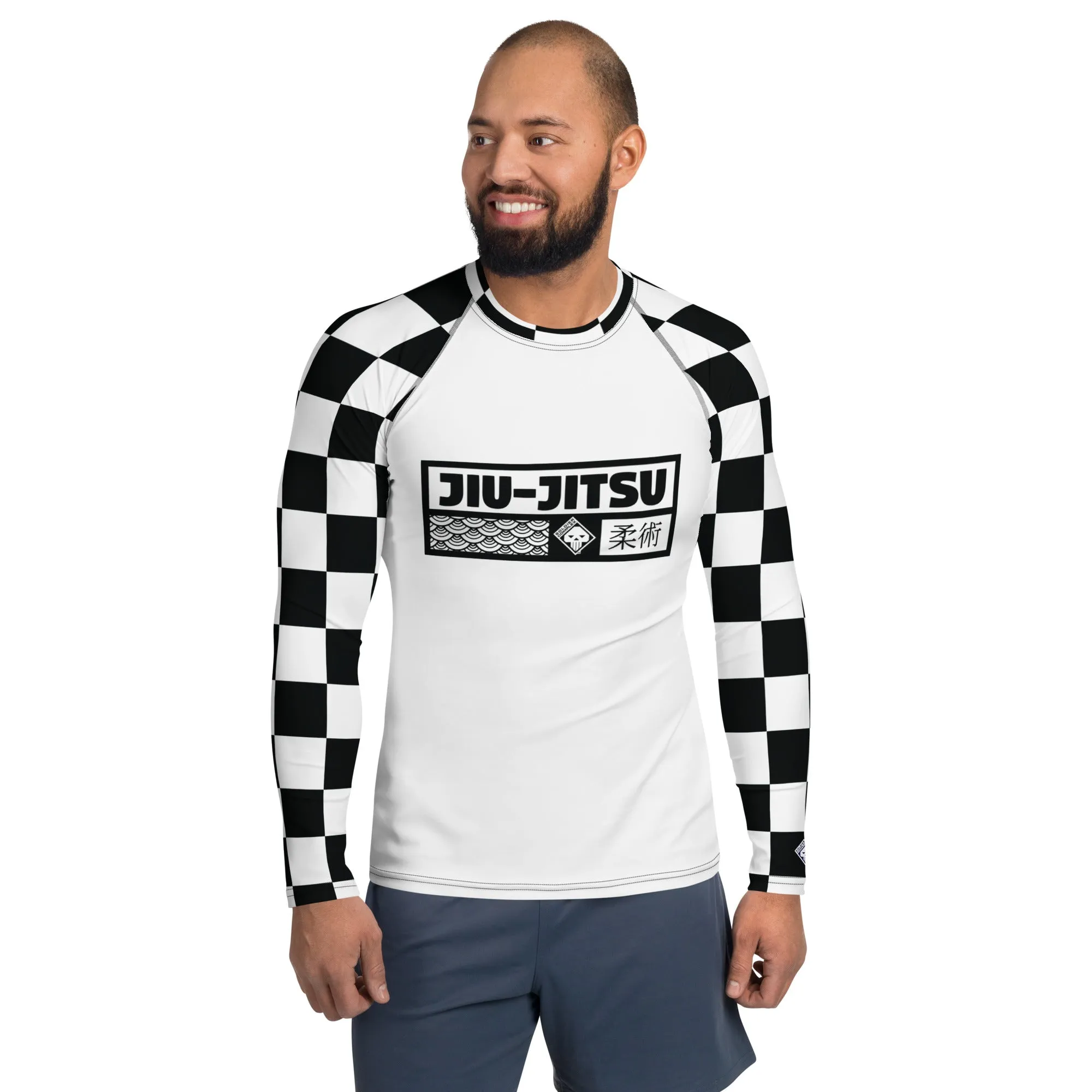 Chic Combat Wear: Checkered Men's Long Sleeve BJJ Rash Guard - Blanc Jiu-Jitsu