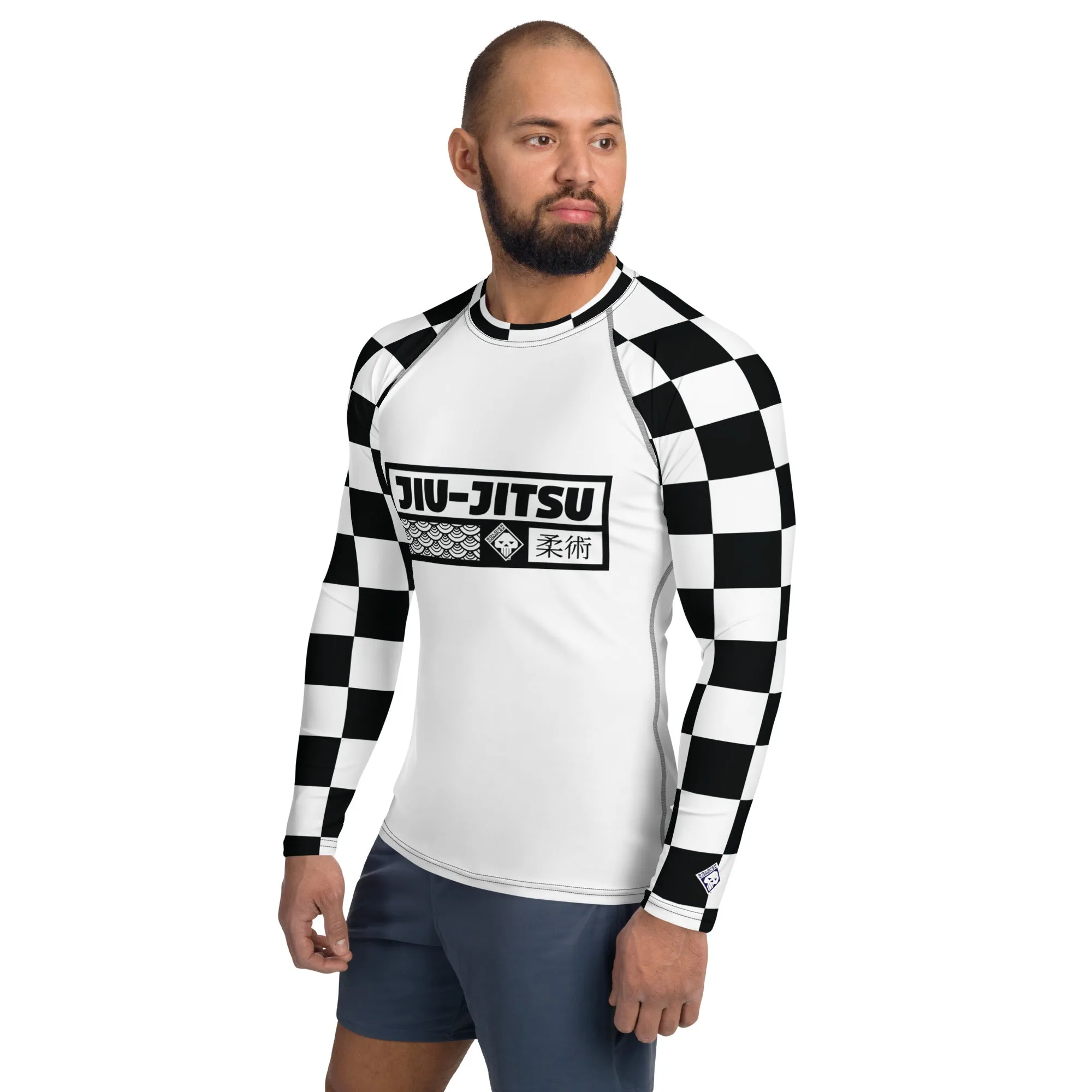 Chic Combat Wear: Checkered Men's Long Sleeve BJJ Rash Guard - Blanc Jiu-Jitsu