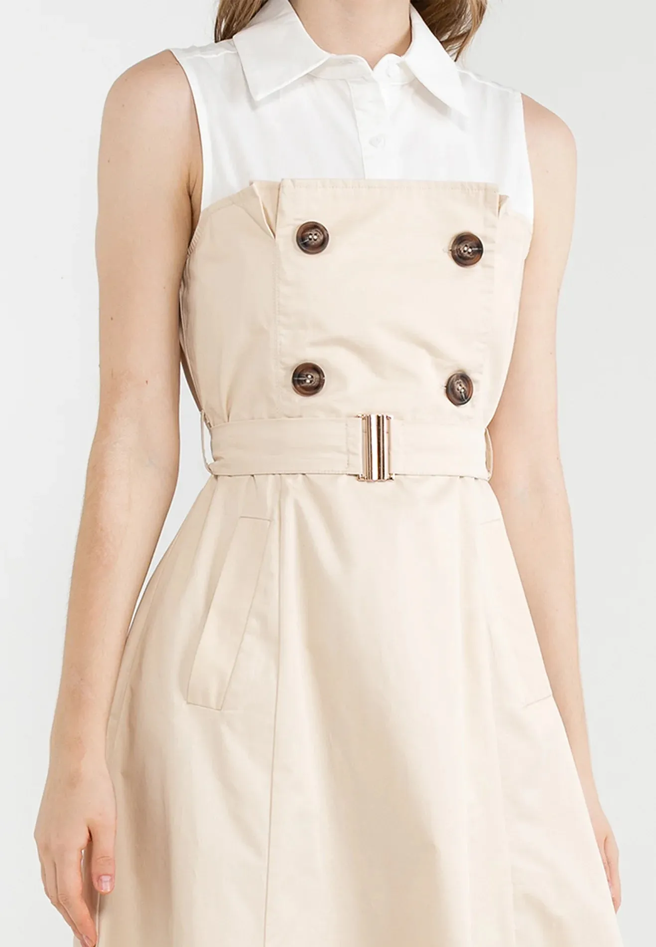 ELLE Apparel Collar Sleeveless Belted Midi Dress