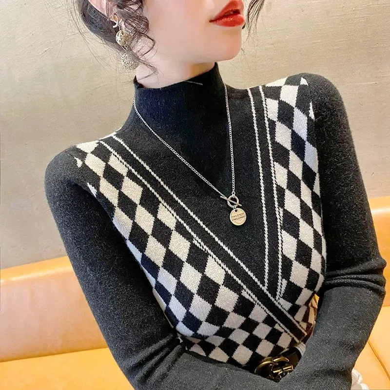 Fake two-piece half turtleneck bottoming shirt for women, autumn and winter style, 2022 new hot style rhombus sweater inner top