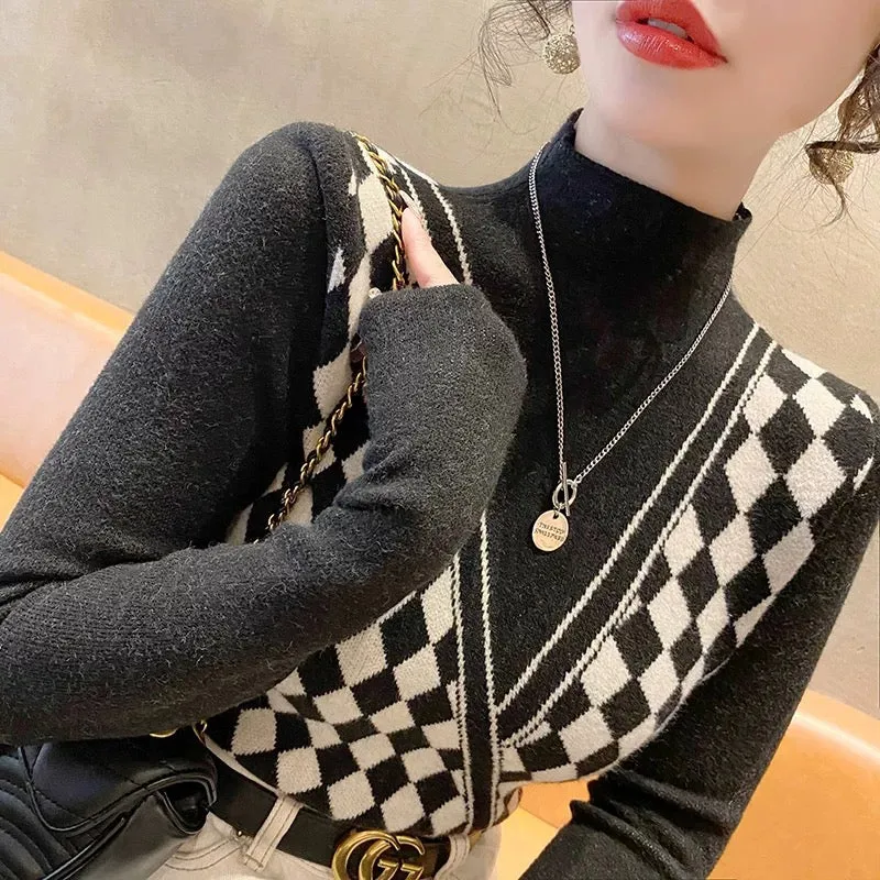 Fake two-piece half turtleneck bottoming shirt for women, autumn and winter style, 2022 new hot style rhombus sweater inner top