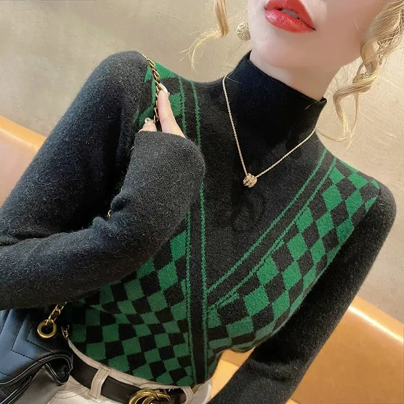 Fake two-piece half turtleneck bottoming shirt for women, autumn and winter style, 2022 new hot style rhombus sweater inner top