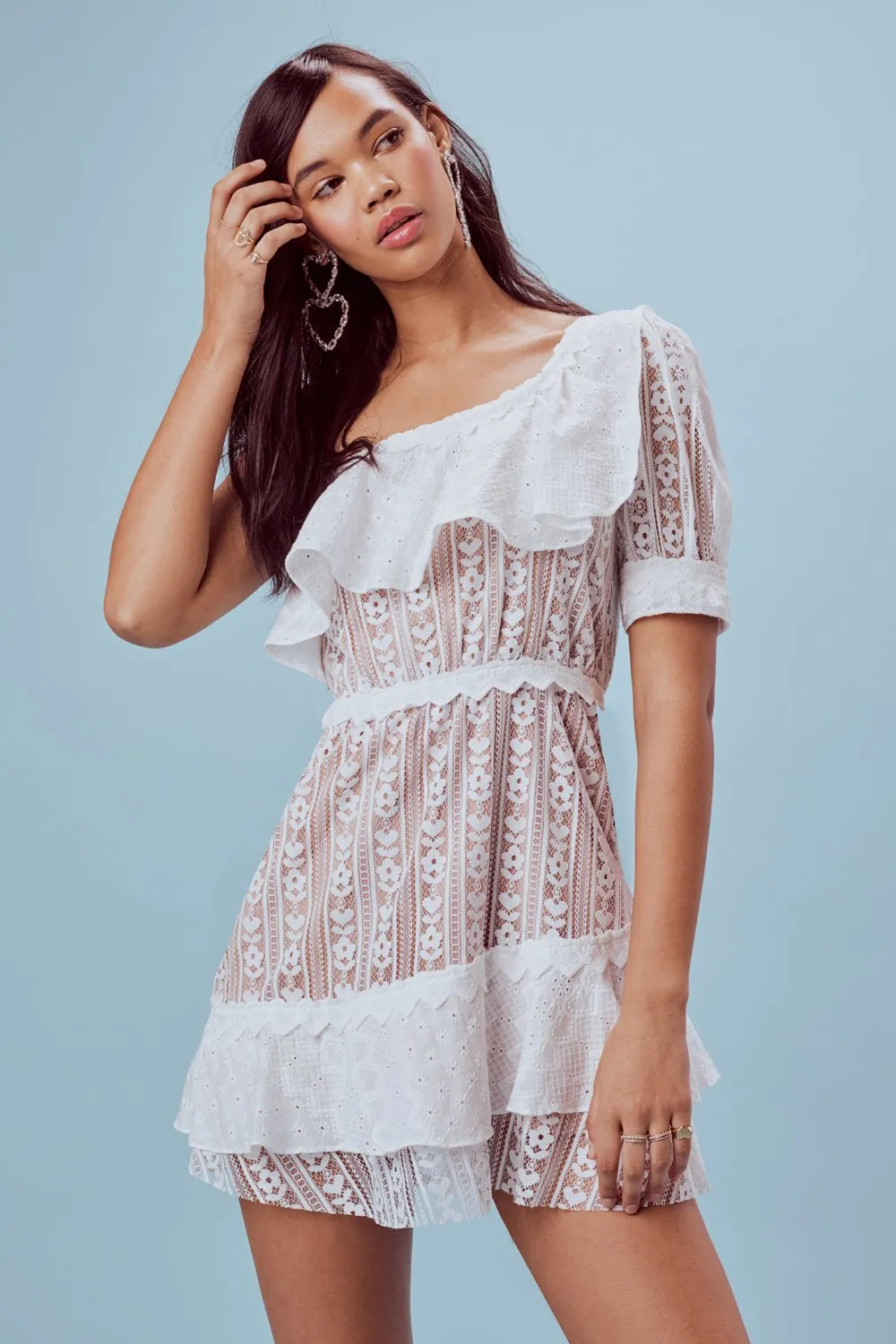 For Love and Lemons Lovebird Lace One Shoulder Mini Dress