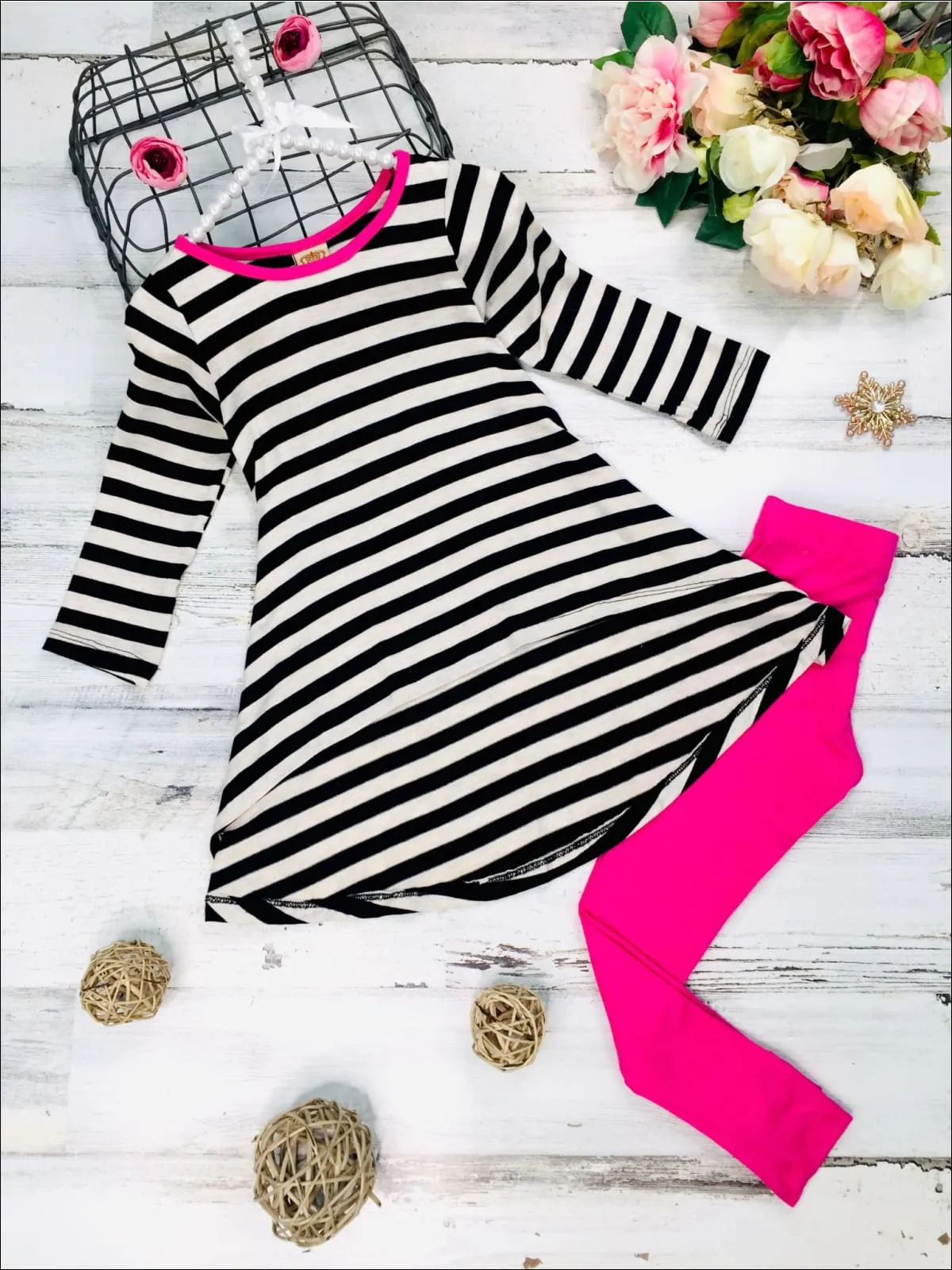 Girls Black And Hot Pink Hi-Lo Tunic with Legging Set