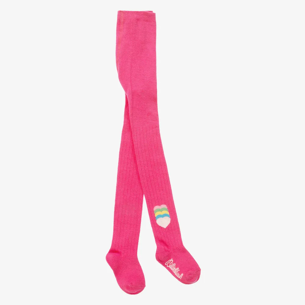 Girls Pink Ribbed Cotton Heart Tights