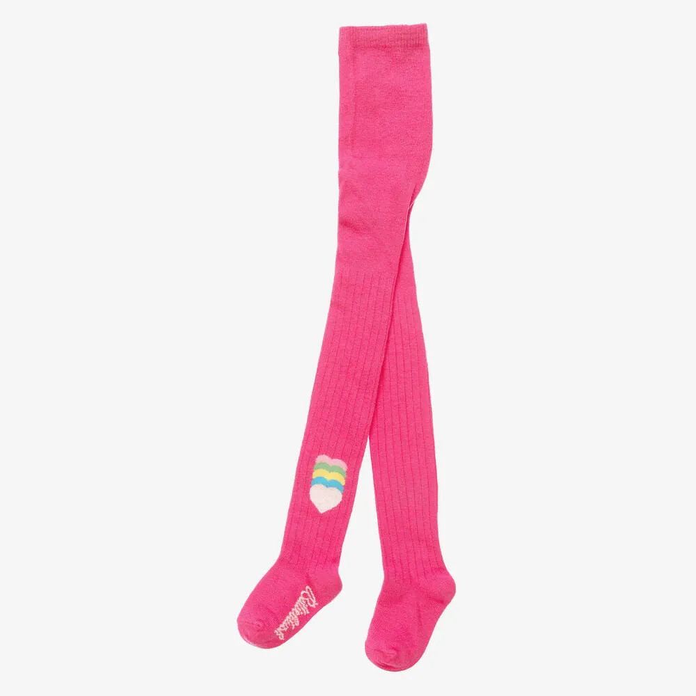 Girls Pink Ribbed Cotton Heart Tights