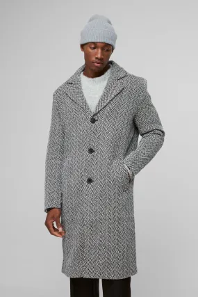 Herringbone Single Breasted Overcoat In Black