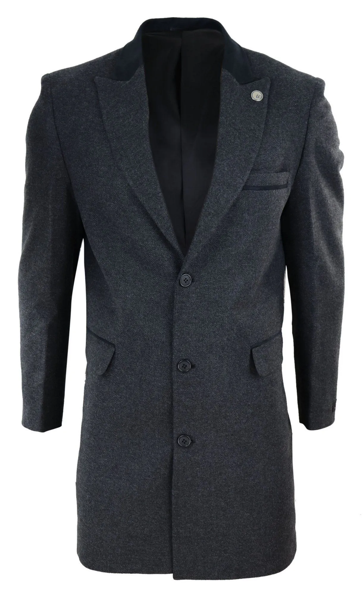 Herringbone Tweed 3/4 Long Overcoat-Charcoal