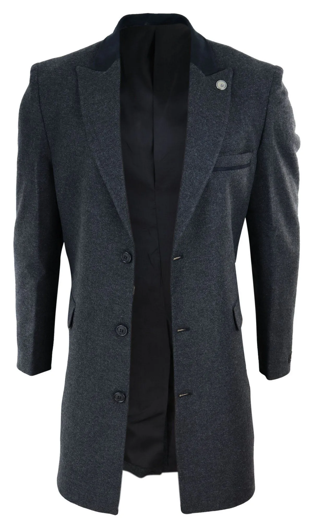 Herringbone Tweed 3/4 Long Overcoat-Charcoal