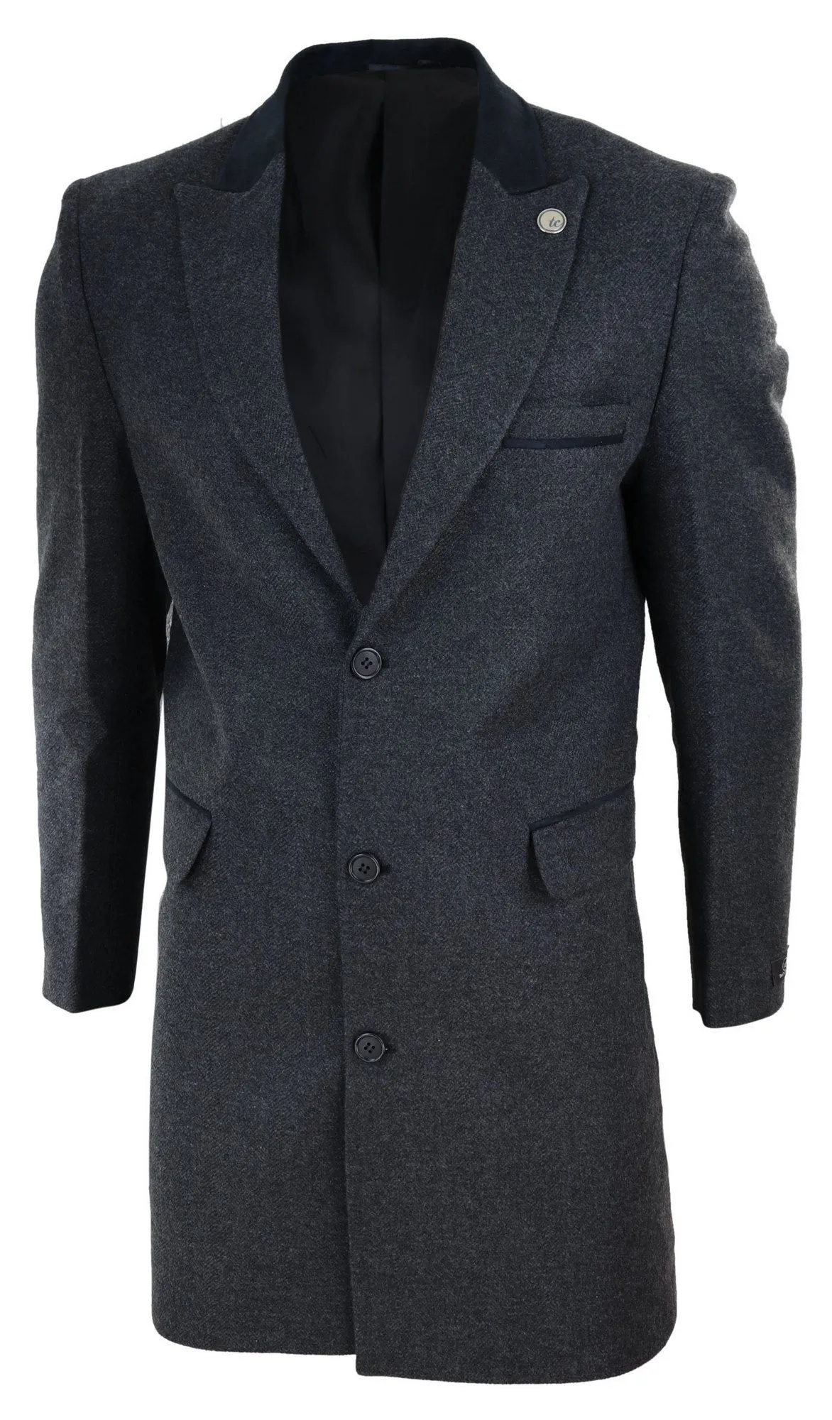 Herringbone Tweed 3/4 Long Overcoat-Charcoal