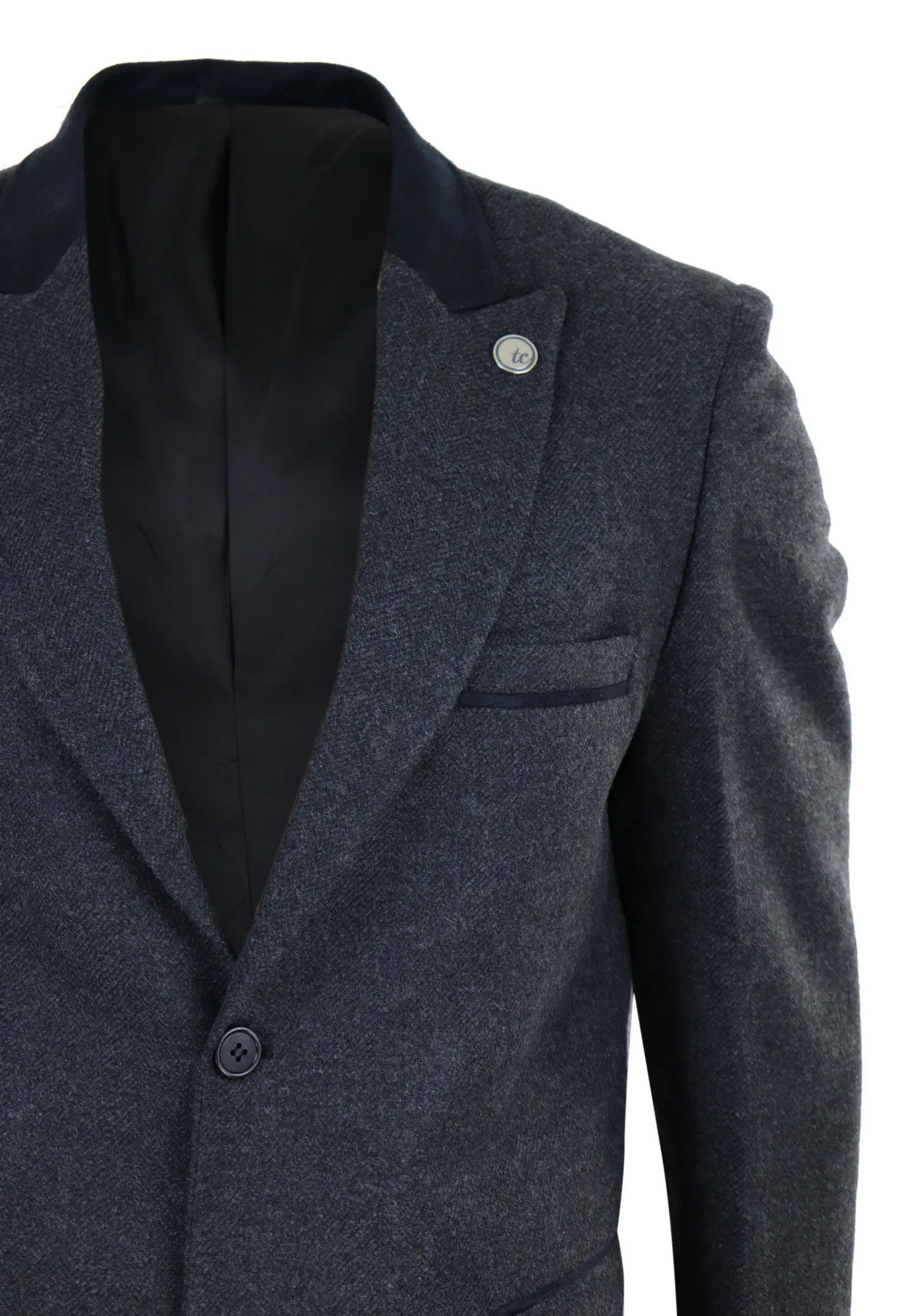 Herringbone Tweed 3/4 Long Overcoat-Charcoal