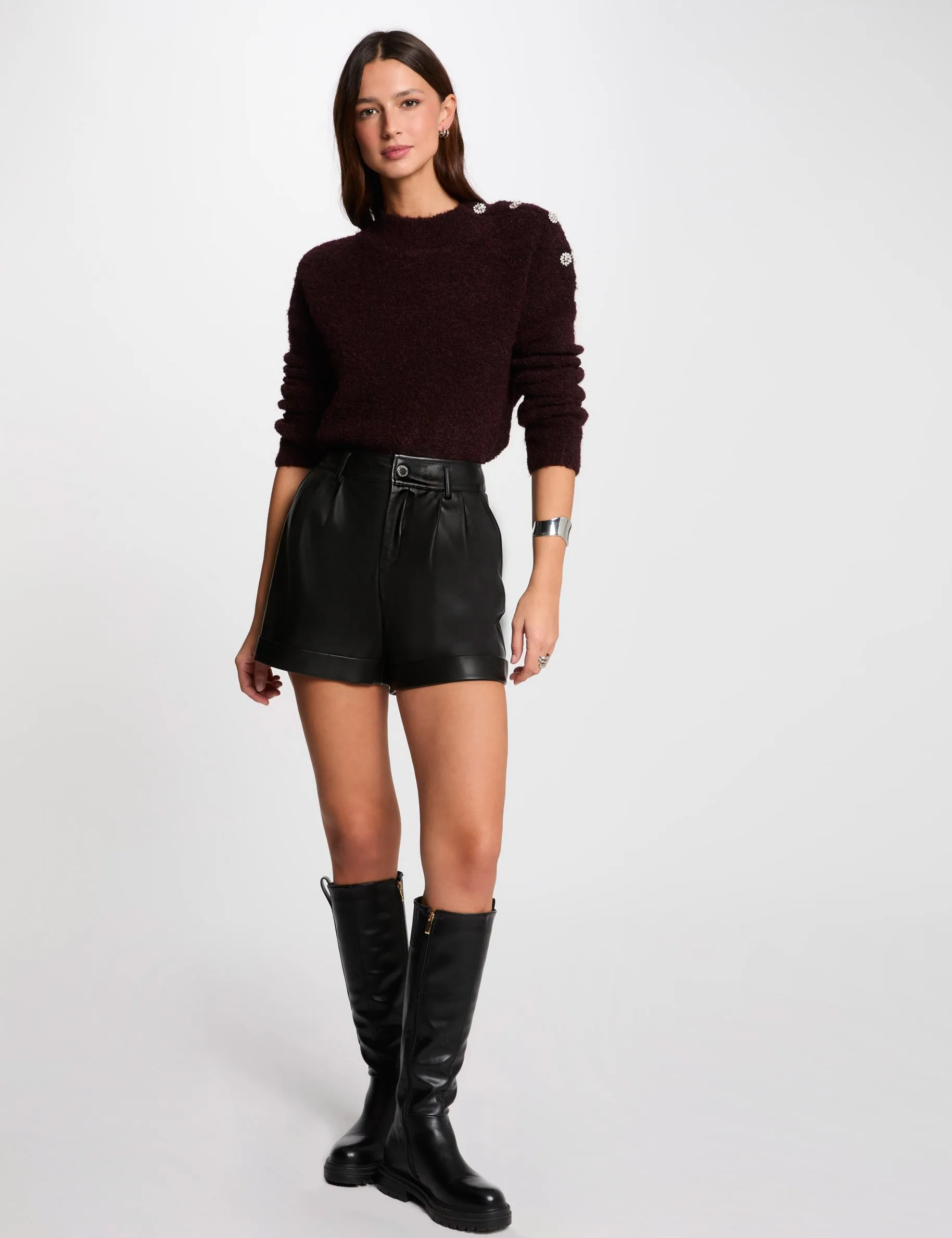 Jumper high collar and buttons plum women