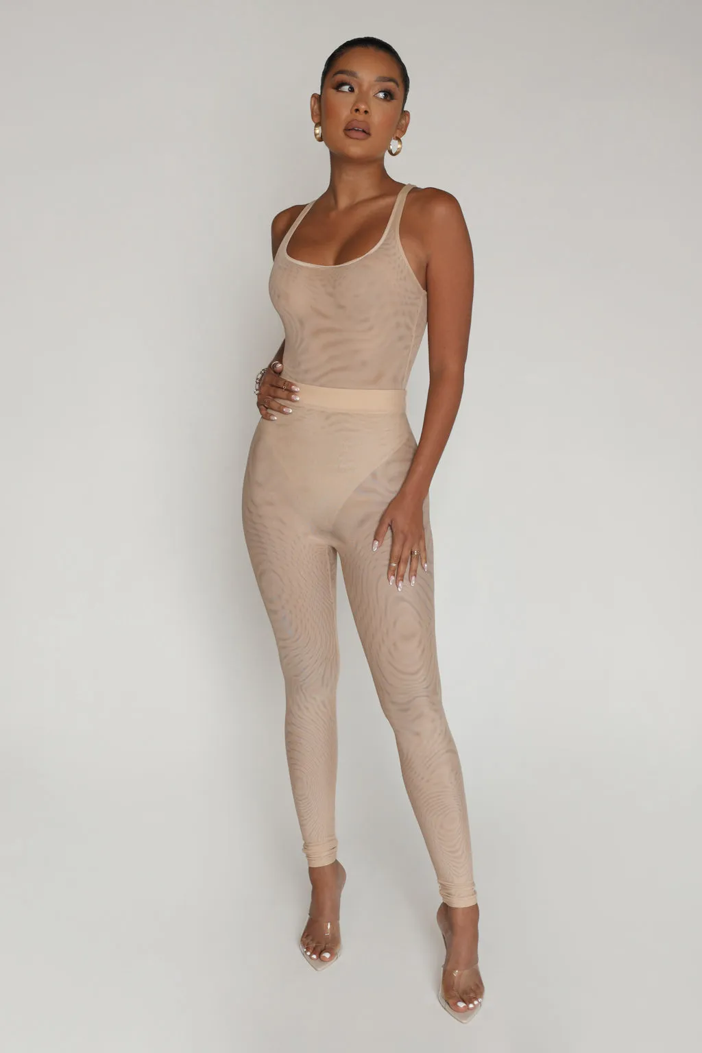 Just High Waisted Mesh Leggings- Beige