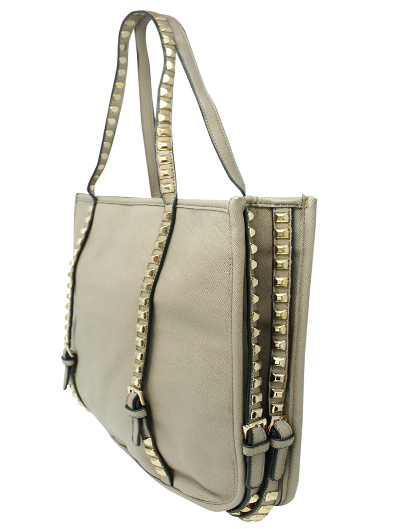 Khaki Tote Bag With Long Studded Straps